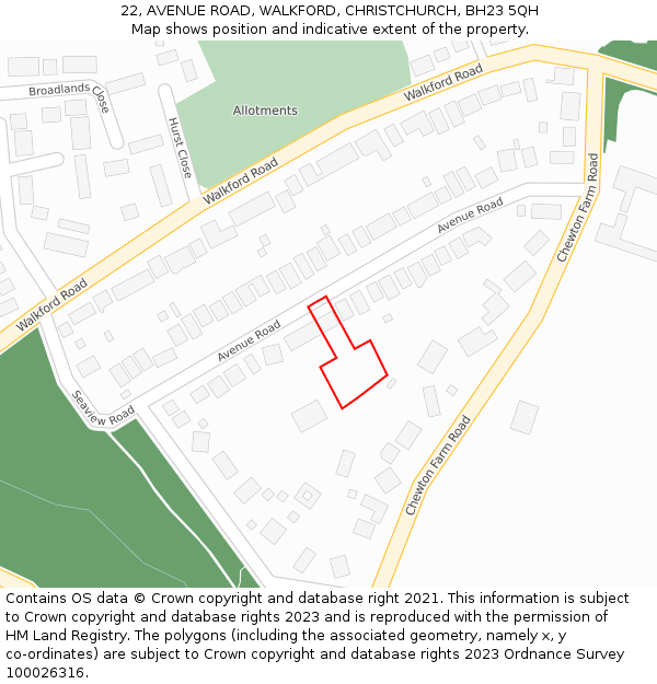 22, AVENUE ROAD, WALKFORD, CHRISTCHURCH, BH23 5QH: Location map and indicative extent of plot