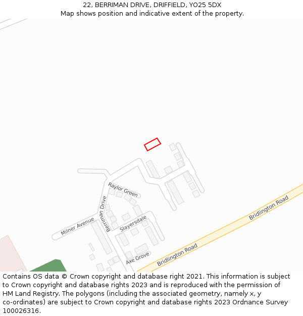 22, BERRIMAN DRIVE, DRIFFIELD, YO25 5DX: Location map and indicative extent of plot