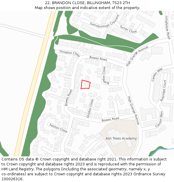 22, BRANDON CLOSE, BILLINGHAM, TS23 2TH: Location map and indicative extent of plot