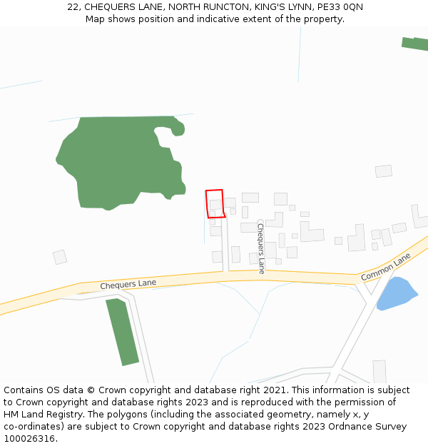 22, CHEQUERS LANE, NORTH RUNCTON, KING'S LYNN, PE33 0QN: Location map and indicative extent of plot