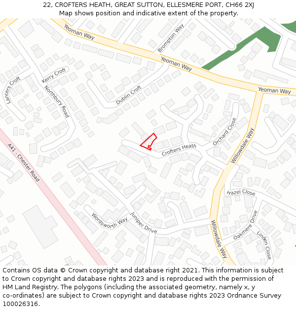 22, CROFTERS HEATH, GREAT SUTTON, ELLESMERE PORT, CH66 2XJ: Location map and indicative extent of plot