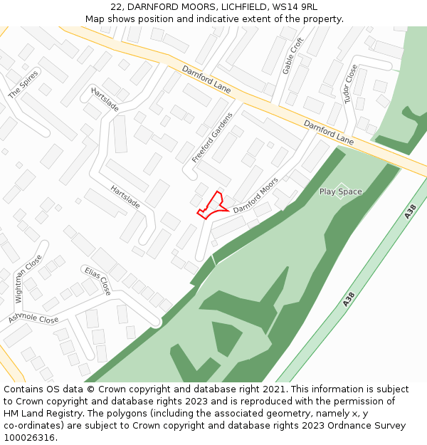 22, DARNFORD MOORS, LICHFIELD, WS14 9RL: Location map and indicative extent of plot