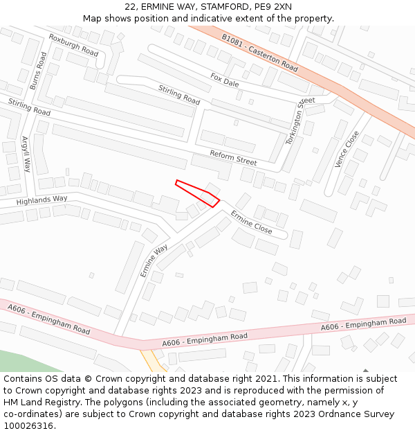 22, ERMINE WAY, STAMFORD, PE9 2XN: Location map and indicative extent of plot