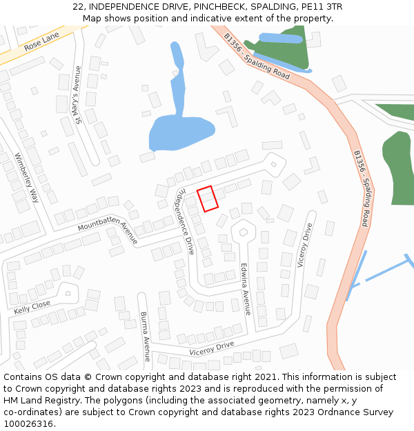 22, INDEPENDENCE DRIVE, PINCHBECK, SPALDING, PE11 3TR: Location map and indicative extent of plot