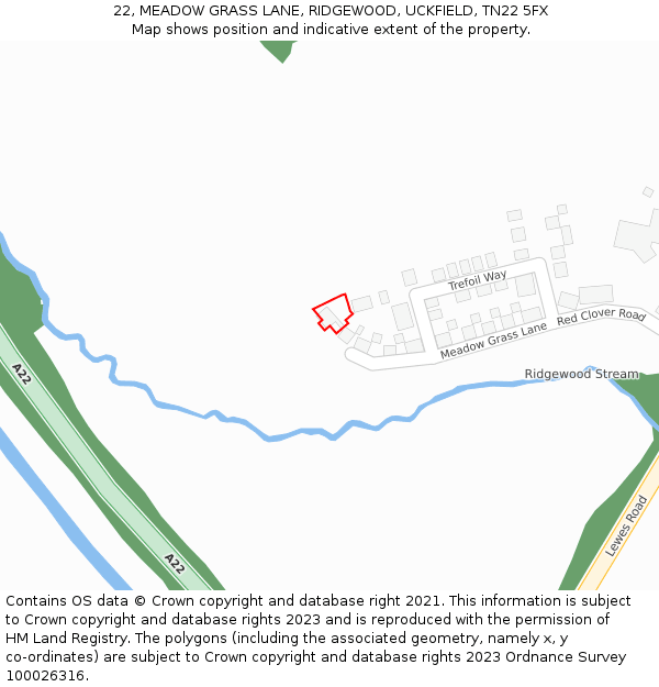 22, MEADOW GRASS LANE, RIDGEWOOD, UCKFIELD, TN22 5FX: Location map and indicative extent of plot