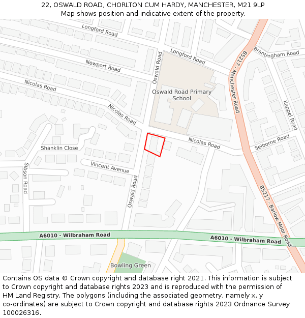 22, OSWALD ROAD, CHORLTON CUM HARDY, MANCHESTER, M21 9LP: Location map and indicative extent of plot