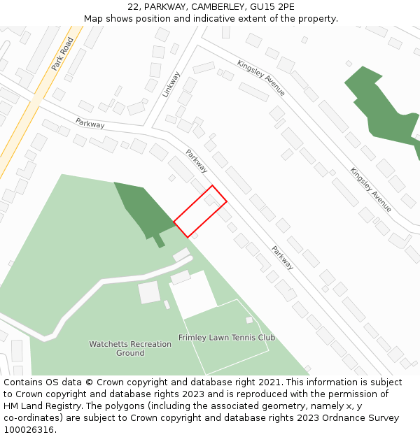 22, PARKWAY, CAMBERLEY, GU15 2PE: Location map and indicative extent of plot