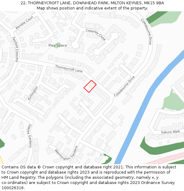 22, THORNEYCROFT LANE, DOWNHEAD PARK, MILTON KEYNES, MK15 9BA: Location map and indicative extent of plot