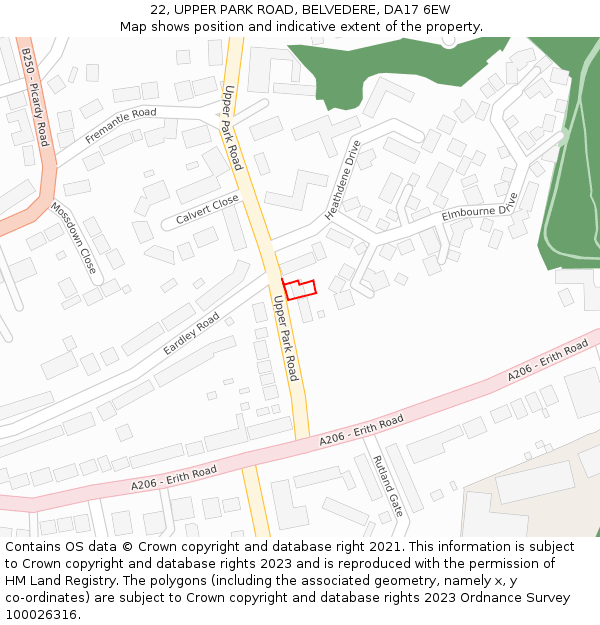 22, UPPER PARK ROAD, BELVEDERE, DA17 6EW: Location map and indicative extent of plot