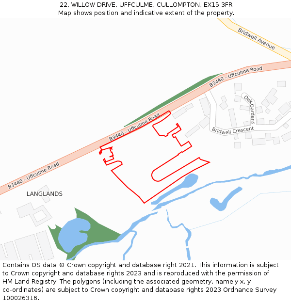 22, WILLOW DRIVE, UFFCULME, CULLOMPTON, EX15 3FR: Location map and indicative extent of plot