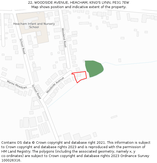 22, WOODSIDE AVENUE, HEACHAM, KING'S LYNN, PE31 7EW: Location map and indicative extent of plot