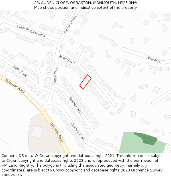 23, AUDEN CLOSE, OSBASTON, MONMOUTH, NP25 3NW: Location map and indicative extent of plot