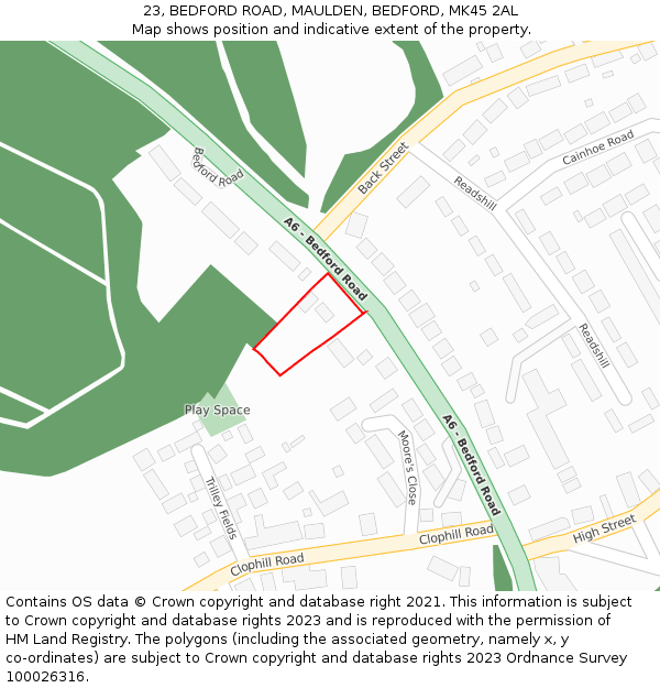 23, BEDFORD ROAD, MAULDEN, BEDFORD, MK45 2AL: Location map and indicative extent of plot