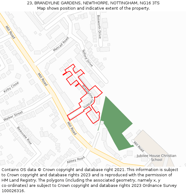 23, BRANDYLINE GARDENS, NEWTHORPE, NOTTINGHAM, NG16 3TS: Location map and indicative extent of plot