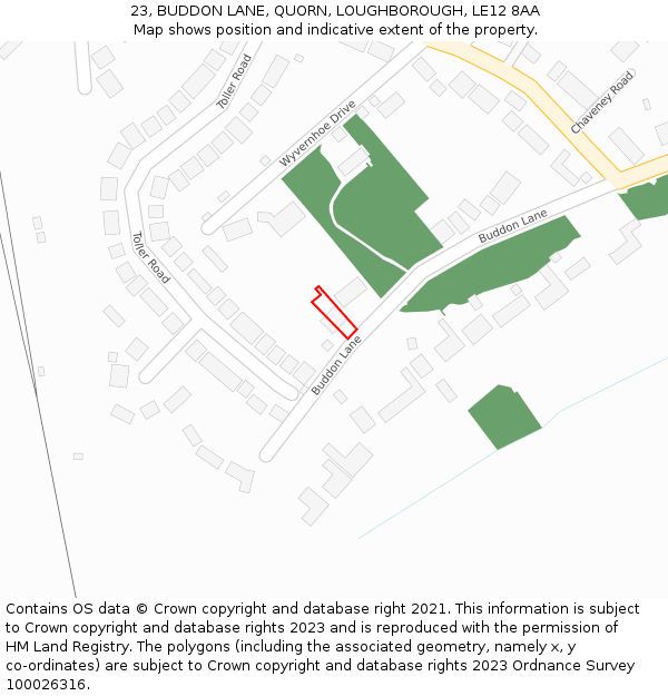 23, BUDDON LANE, QUORN, LOUGHBOROUGH, LE12 8AA: Location map and indicative extent of plot