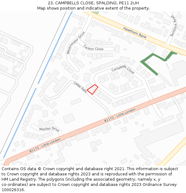 23, CAMPBELLS CLOSE, SPALDING, PE11 2UH: Location map and indicative extent of plot