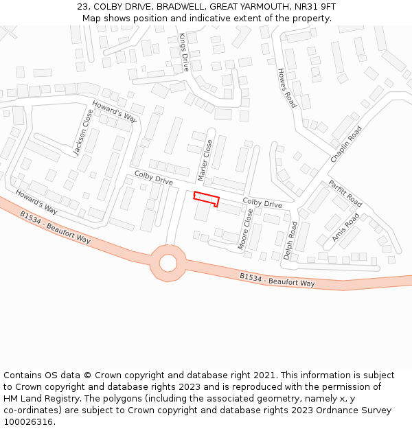 23, COLBY DRIVE, BRADWELL, GREAT YARMOUTH, NR31 9FT: Location map and indicative extent of plot