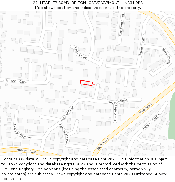 23, HEATHER ROAD, BELTON, GREAT YARMOUTH, NR31 9PR: Location map and indicative extent of plot