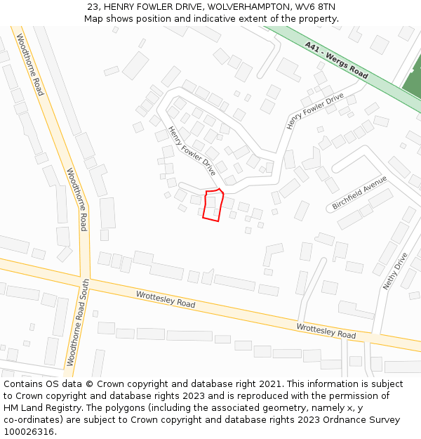 23, HENRY FOWLER DRIVE, WOLVERHAMPTON, WV6 8TN: Location map and indicative extent of plot