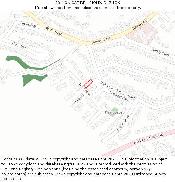 23, LON CAE DEL, MOLD, CH7 1QX: Location map and indicative extent of plot