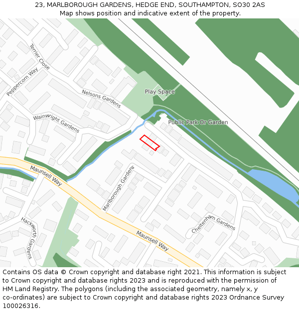 23, MARLBOROUGH GARDENS, HEDGE END, SOUTHAMPTON, SO30 2AS: Location map and indicative extent of plot