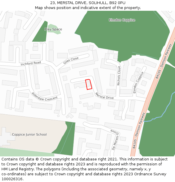 23, MERSTAL DRIVE, SOLIHULL, B92 0PU: Location map and indicative extent of plot