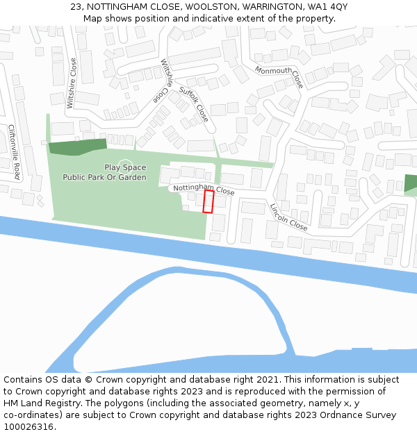 23, NOTTINGHAM CLOSE, WOOLSTON, WARRINGTON, WA1 4QY: Location map and indicative extent of plot