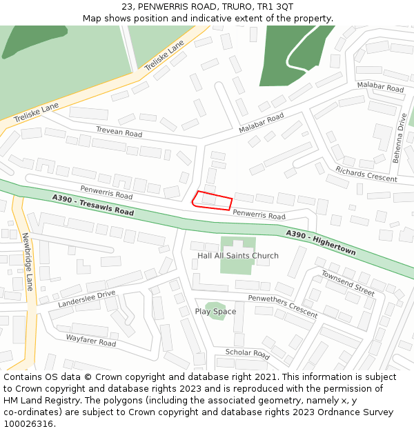 23, PENWERRIS ROAD, TRURO, TR1 3QT: Location map and indicative extent of plot