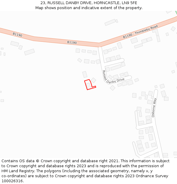 23, RUSSELL DANBY DRIVE, HORNCASTLE, LN9 5FE: Location map and indicative extent of plot