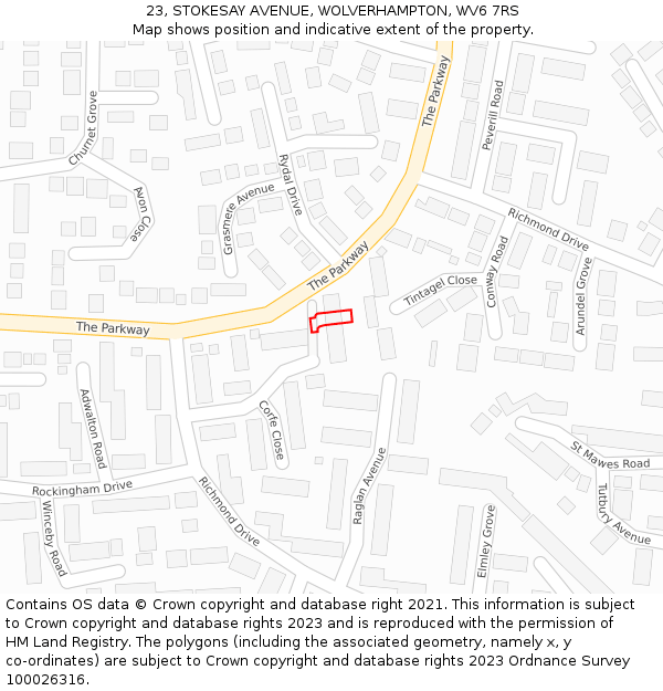 23, STOKESAY AVENUE, WOLVERHAMPTON, WV6 7RS: Location map and indicative extent of plot