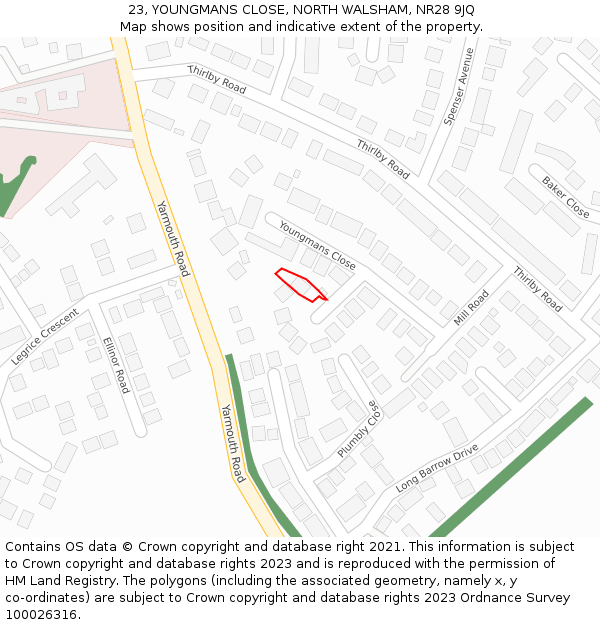 23, YOUNGMANS CLOSE, NORTH WALSHAM, NR28 9JQ: Location map and indicative extent of plot