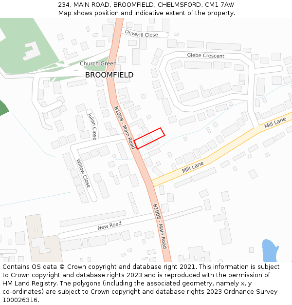 234, MAIN ROAD, BROOMFIELD, CHELMSFORD, CM1 7AW: Location map and indicative extent of plot