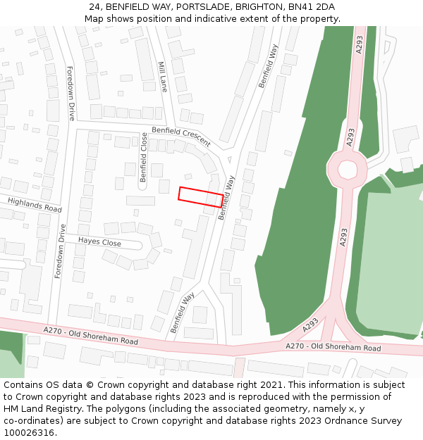 24, BENFIELD WAY, PORTSLADE, BRIGHTON, BN41 2DA: Location map and indicative extent of plot