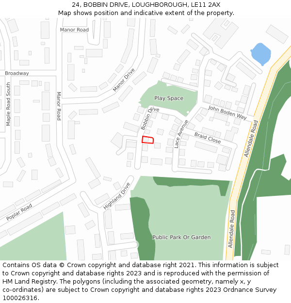 24, BOBBIN DRIVE, LOUGHBOROUGH, LE11 2AX: Location map and indicative extent of plot