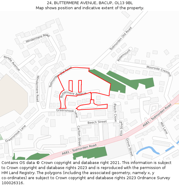 24, BUTTERMERE AVENUE, BACUP, OL13 9BL: Location map and indicative extent of plot