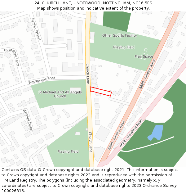 24, CHURCH LANE, UNDERWOOD, NOTTINGHAM, NG16 5FS: Location map and indicative extent of plot