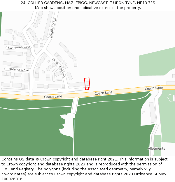 24, COLLIER GARDENS, HAZLERIGG, NEWCASTLE UPON TYNE, NE13 7FS: Location map and indicative extent of plot