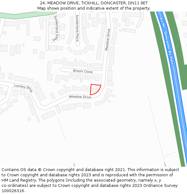 24, MEADOW DRIVE, TICKHILL, DONCASTER, DN11 9ET: Location map and indicative extent of plot