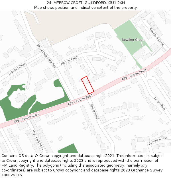 24, MERROW CROFT, GUILDFORD, GU1 2XH: Location map and indicative extent of plot