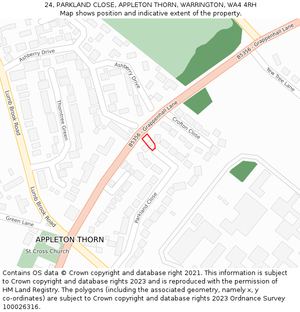 24, PARKLAND CLOSE, APPLETON THORN, WARRINGTON, WA4 4RH: Location map and indicative extent of plot