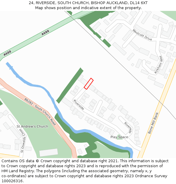 24, RIVERSIDE, SOUTH CHURCH, BISHOP AUCKLAND, DL14 6XT: Location map and indicative extent of plot