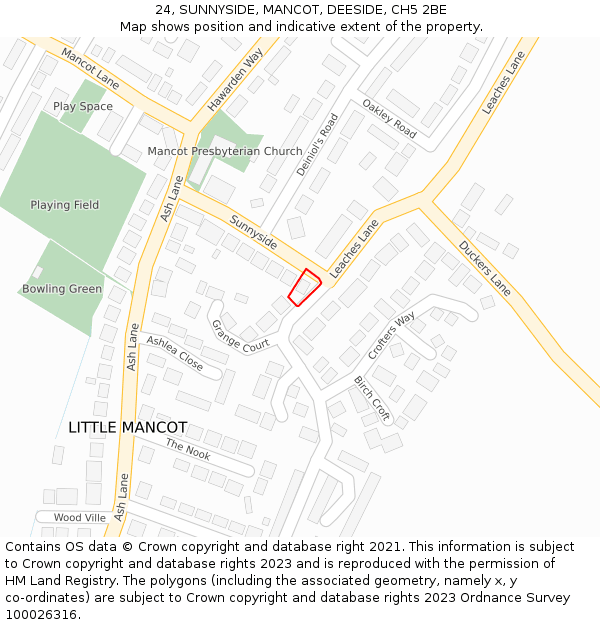 24, SUNNYSIDE, MANCOT, DEESIDE, CH5 2BE: Location map and indicative extent of plot