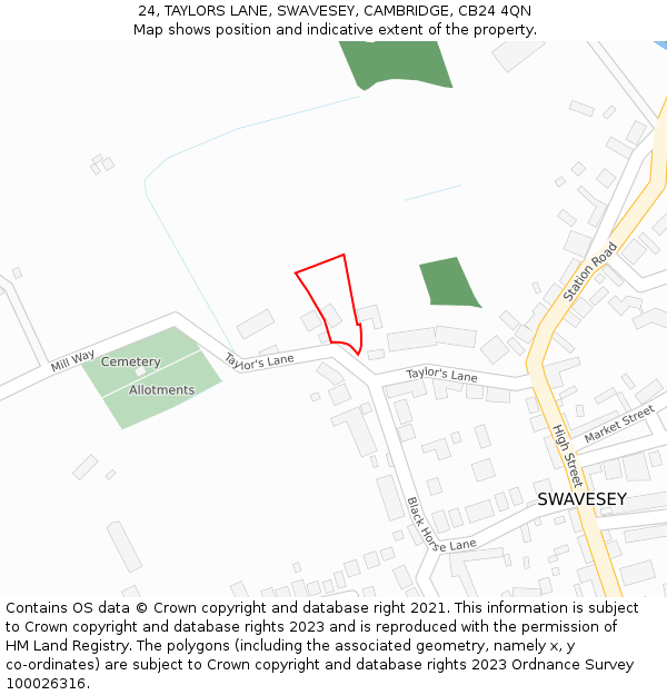 24, TAYLORS LANE, SWAVESEY, CAMBRIDGE, CB24 4QN: Location map and indicative extent of plot