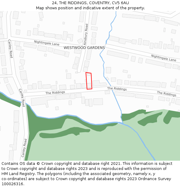 24, THE RIDDINGS, COVENTRY, CV5 6AU: Location map and indicative extent of plot