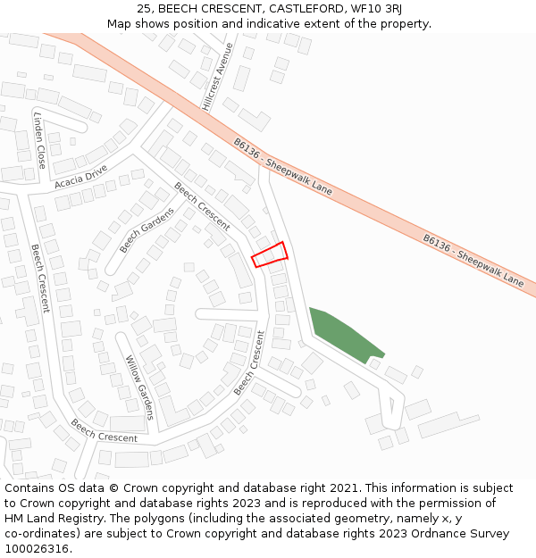 25, BEECH CRESCENT, CASTLEFORD, WF10 3RJ: Location map and indicative extent of plot