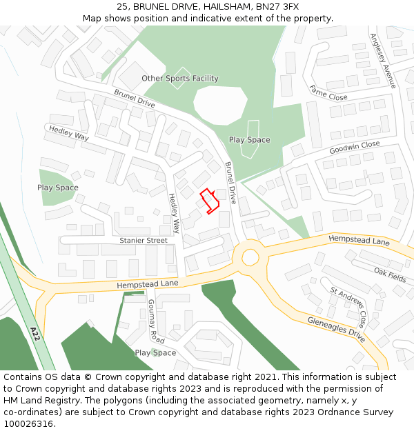 25, BRUNEL DRIVE, HAILSHAM, BN27 3FX: Location map and indicative extent of plot