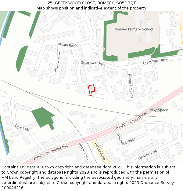 25, GREENWOOD CLOSE, ROMSEY, SO51 7QT: Location map and indicative extent of plot