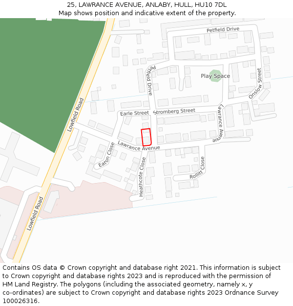 25, LAWRANCE AVENUE, ANLABY, HULL, HU10 7DL: Location map and indicative extent of plot