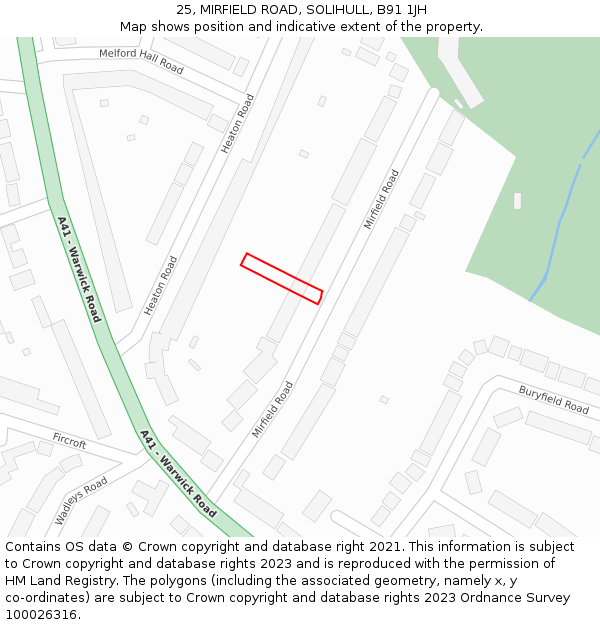 25, MIRFIELD ROAD, SOLIHULL, B91 1JH: Location map and indicative extent of plot