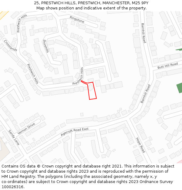 25, PRESTWICH HILLS, PRESTWICH, MANCHESTER, M25 9PY: Location map and indicative extent of plot